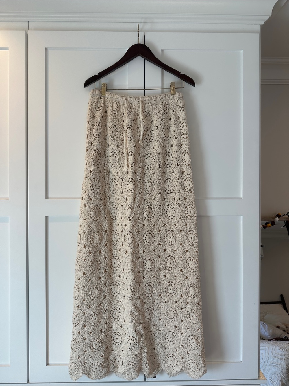 Solitaire Beige Crochet Maxi Skirt with Drawstring Waist